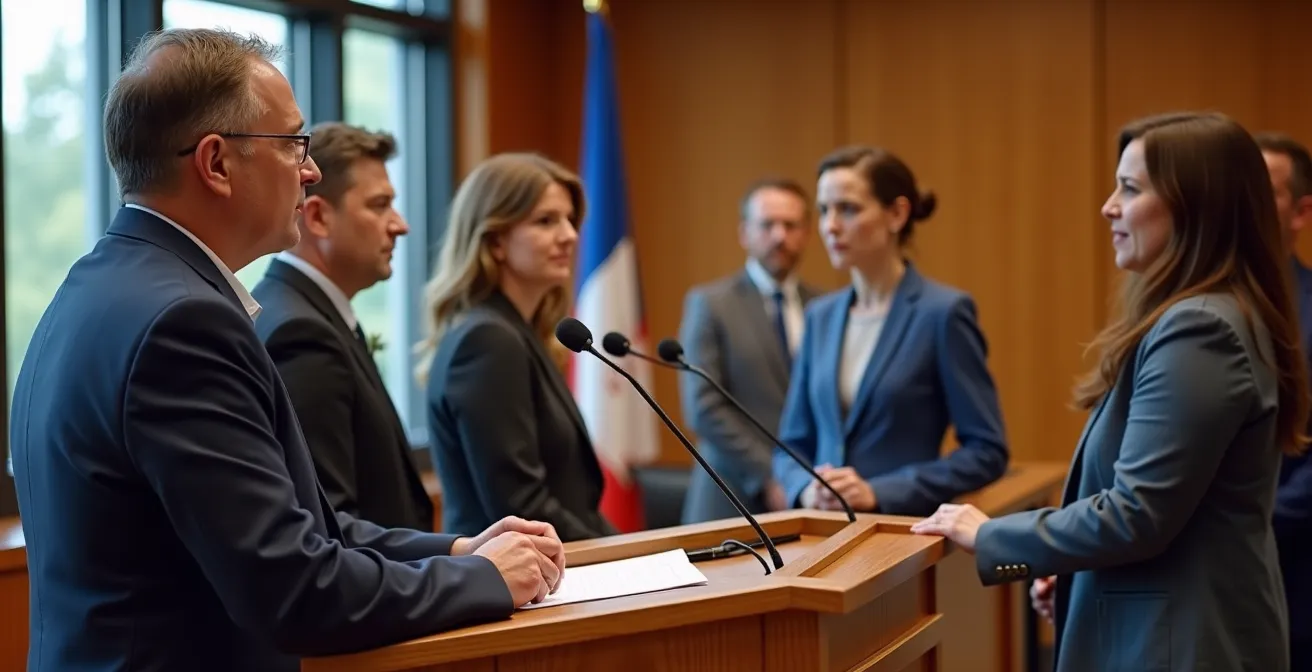 Salle de conseil municipal moderne avec citoyens participant activement à une séance publique