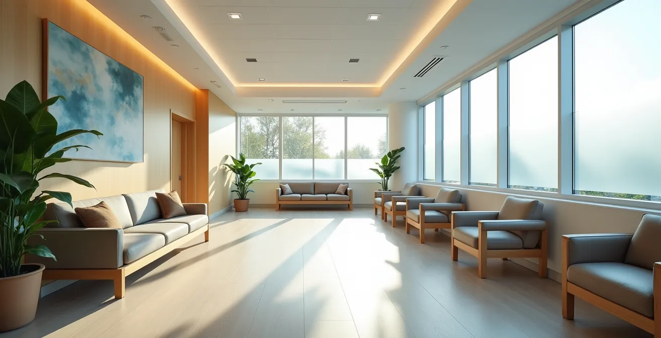Vue apaisante d'une salle d'attente moderne d'hôpital québécois avec lumière naturelle