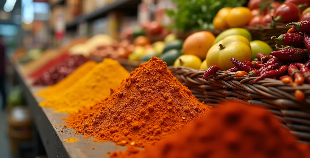 Intérieur coloré d'une épicerie ethnique avec des étalages de produits variés et des clients faisant leurs courses