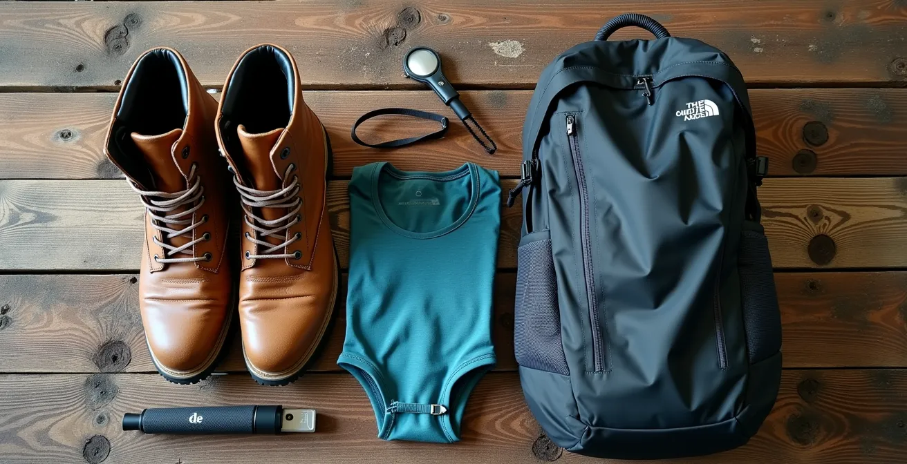 Équipement de randonnée essentiel disposé sur une surface de bois naturel