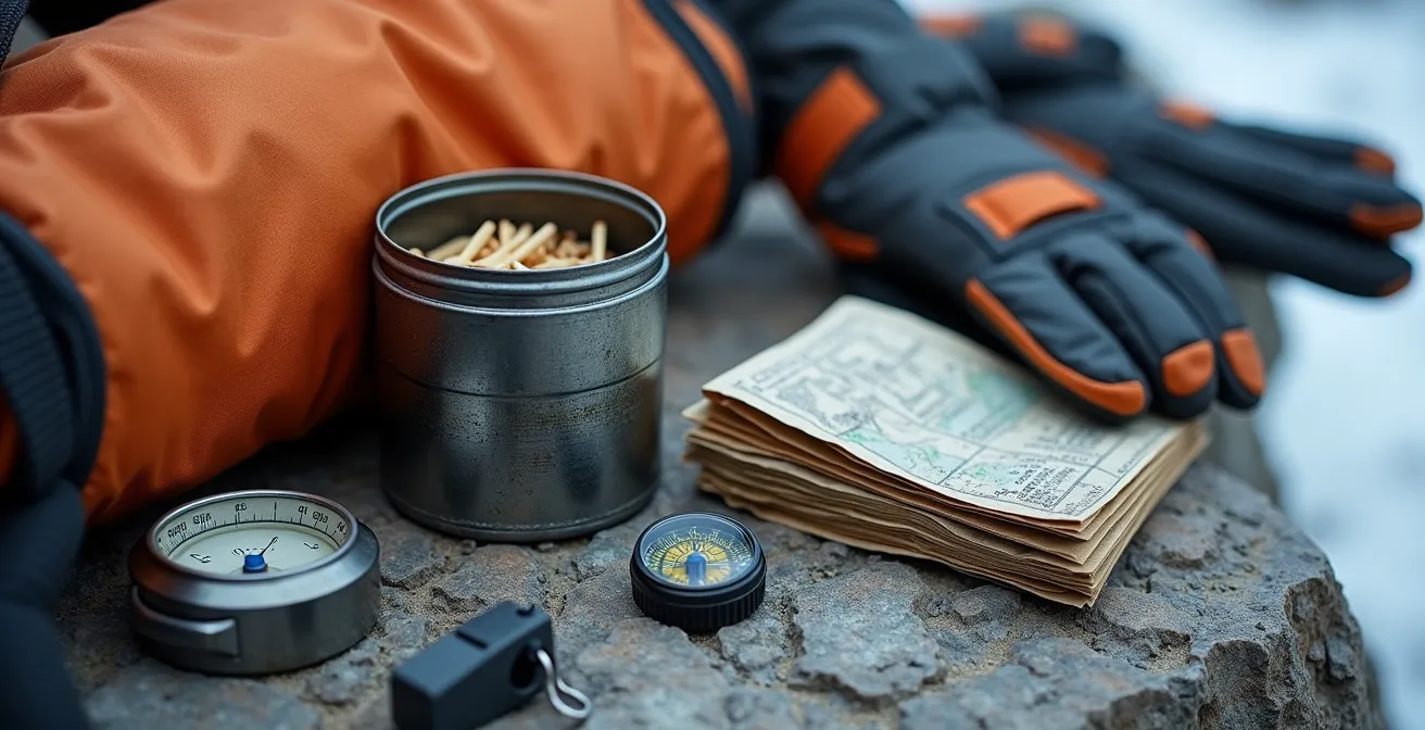 Équipement essentiel de survie pour randonnée hivernale au Québec disposé sur roche