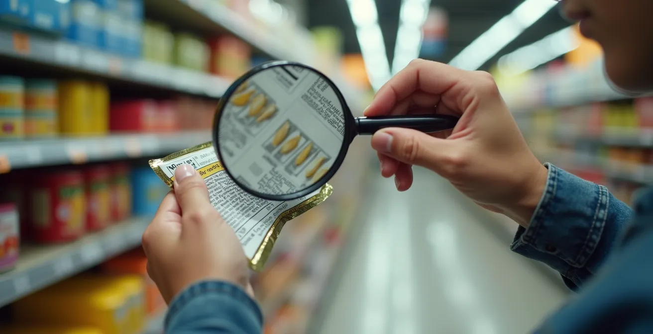 Main tenant une loupe examinant l'arrière d'un emballage alimentaire avec mise au point sur les ingrédients