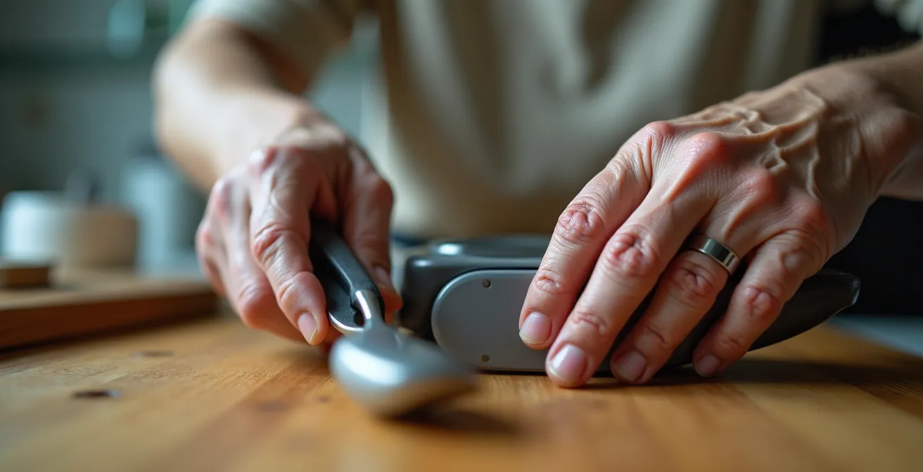 Vue macro détaillée de mains âgées manipulant des objets du quotidien avec adaptation ergonomique
