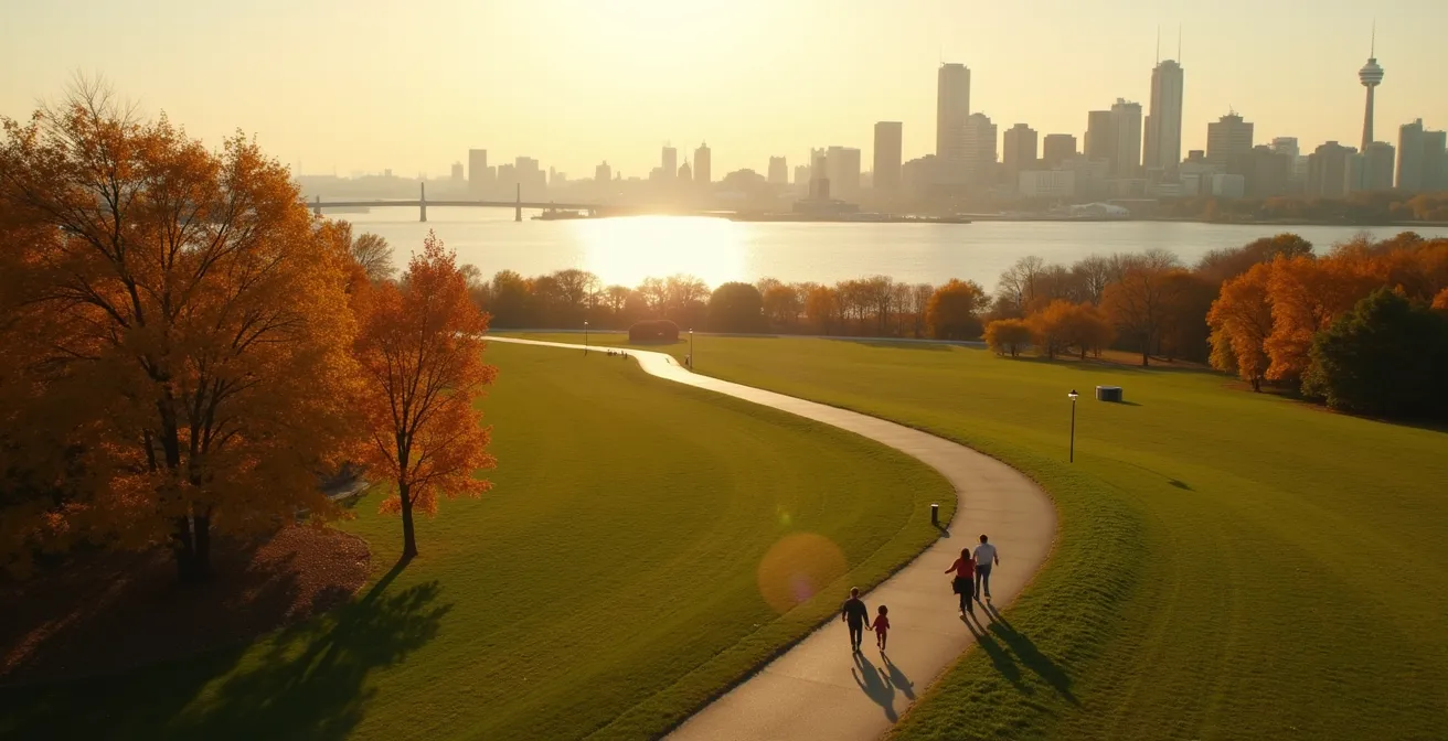 Famille québécoise dans un parc montréalais illustrant le paradoxe entre idéal et réalité parentale