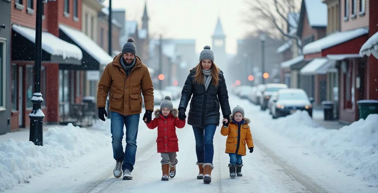 Famille vivant le quotidien hivernal dans une petite ville québécoise lors de leur période test de relocalisation