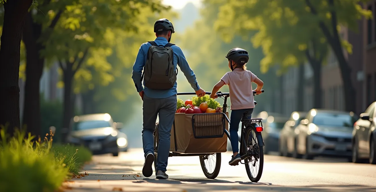 Famille utilisant un vélo cargo pour les courses dans un quartier résidentiel de Montréal