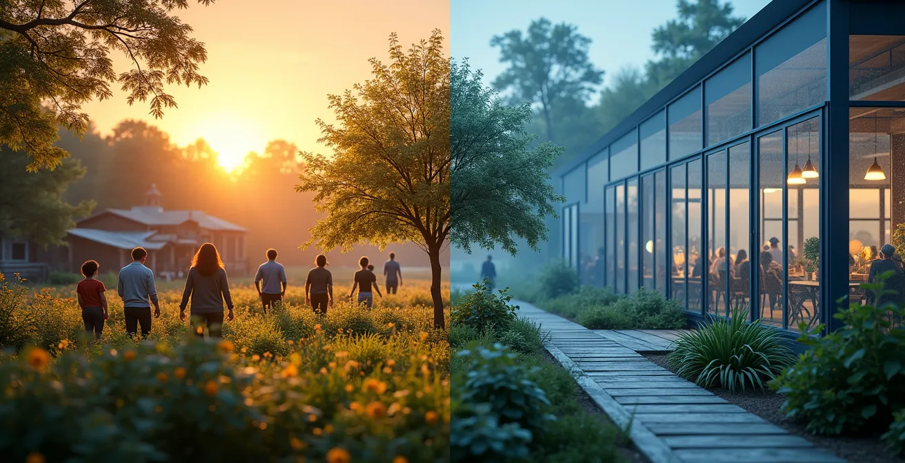 Montage photographique montrant d'un côté une coopérative agricole québécoise et de l'autre un laboratoire d'innovation technologique