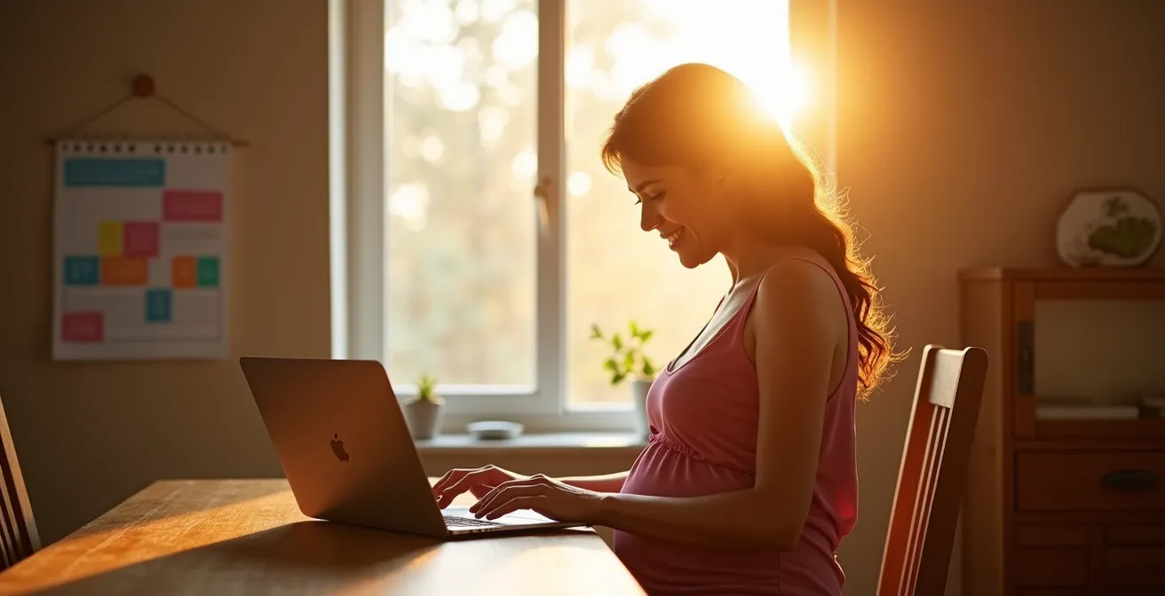 Future mère enceinte travaillant sur ordinateur portable dans un environnement chaleureux