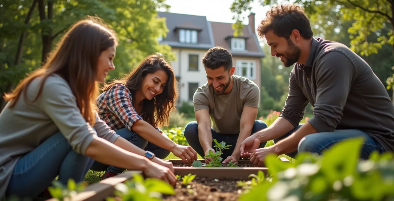 Personnes de diverses origines travaillant ensemble dans un jardin communautaire urbain