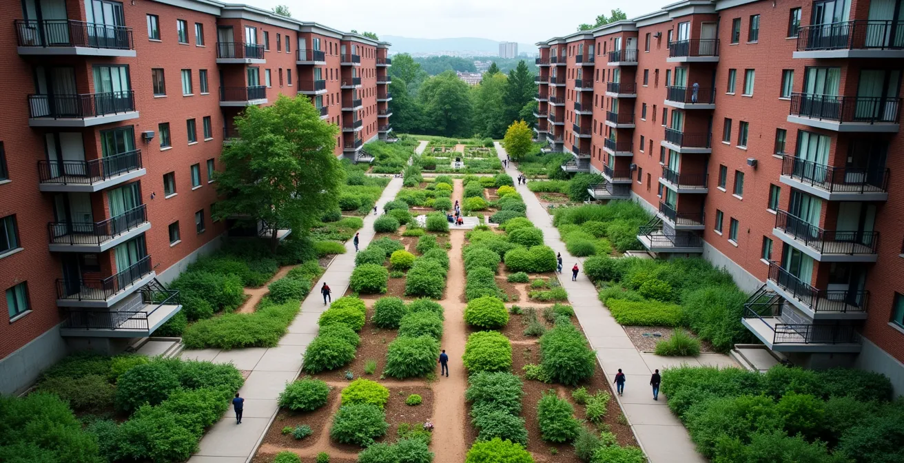 Jardin communautaire urbain à Montréal avec des citoyens de différents âges collaborant