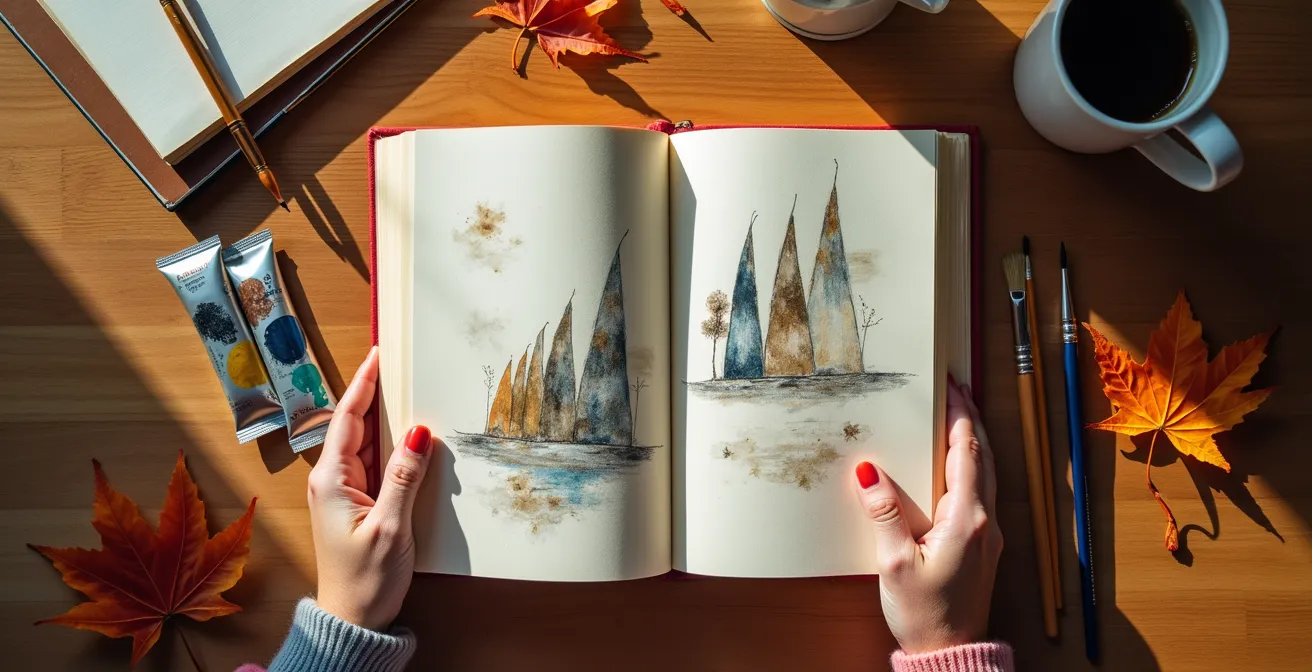 Carnet d'artiste ouvert montrant des esquisses et notes de progression