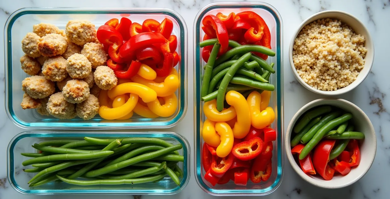 Plan de travail avec contenants de verre remplis de protéines cuites, grains et légumes coupés prêts à assembler