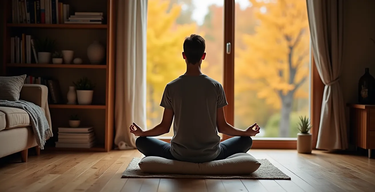 Personne méditant dans un salon québécois typique avec vue sur l'érablière automnale par la fenêtre