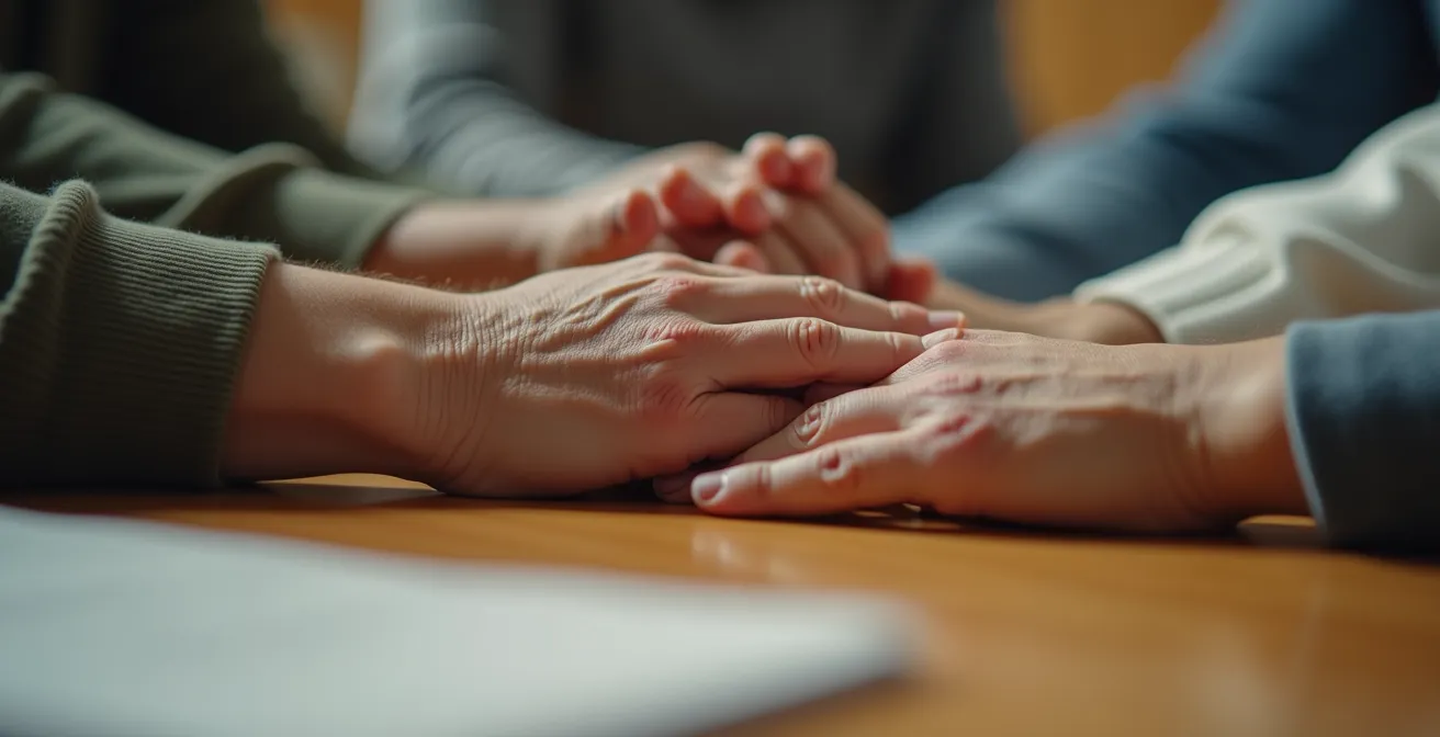 Photo macro d'un échange de connaissances entre générations montrant des mains de différents âges travaillant ensemble sur un projet