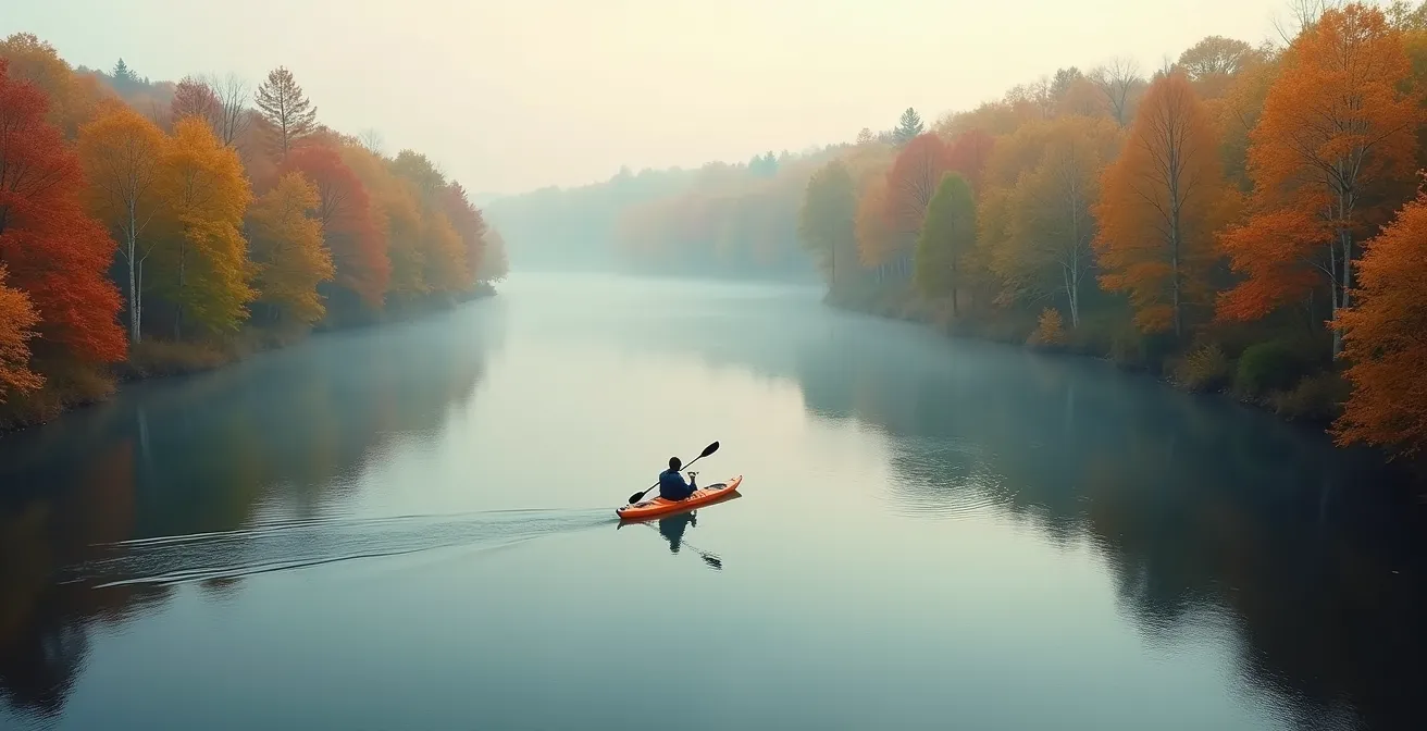 Personne en kayak sur une rivière calme québécoise entourée de forêt d'érables en automne