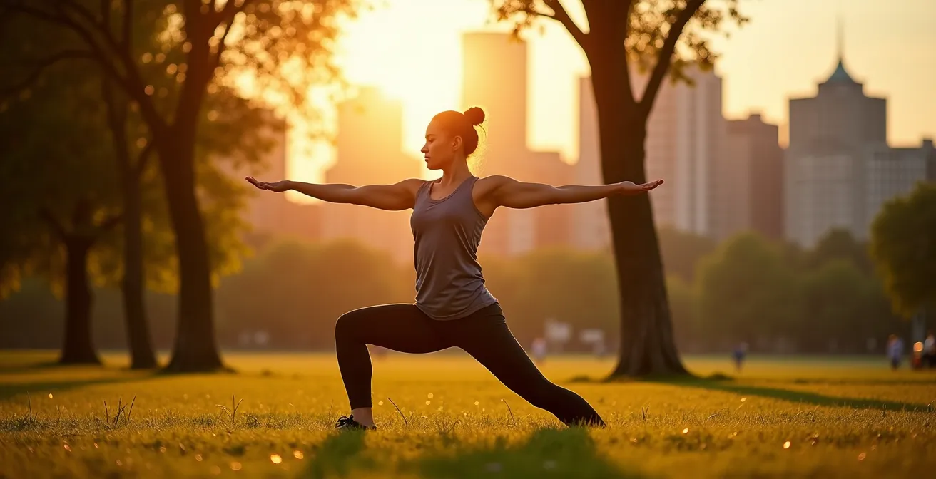 Personne pratiquant le yoga au lever du soleil dans un parc urbain de Montréal