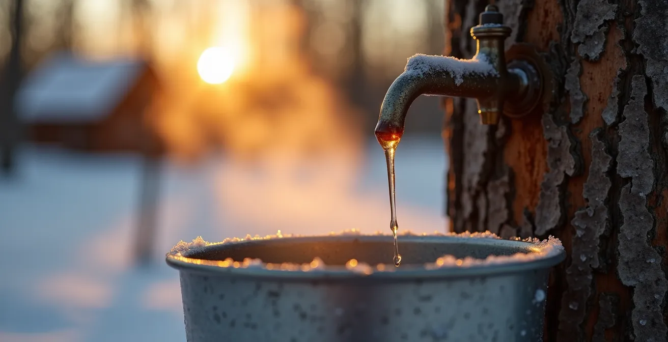 Cabane à sucre moderne avec érables enneigés et vapeur s'échappant de l'évaporateur au coucher du soleil