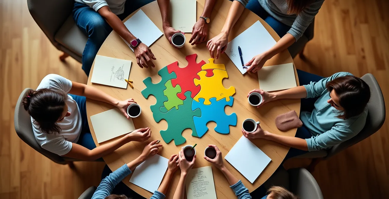 Groupe diversifié de militants québécois travaillant ensemble dans un espace communautaire lumineux