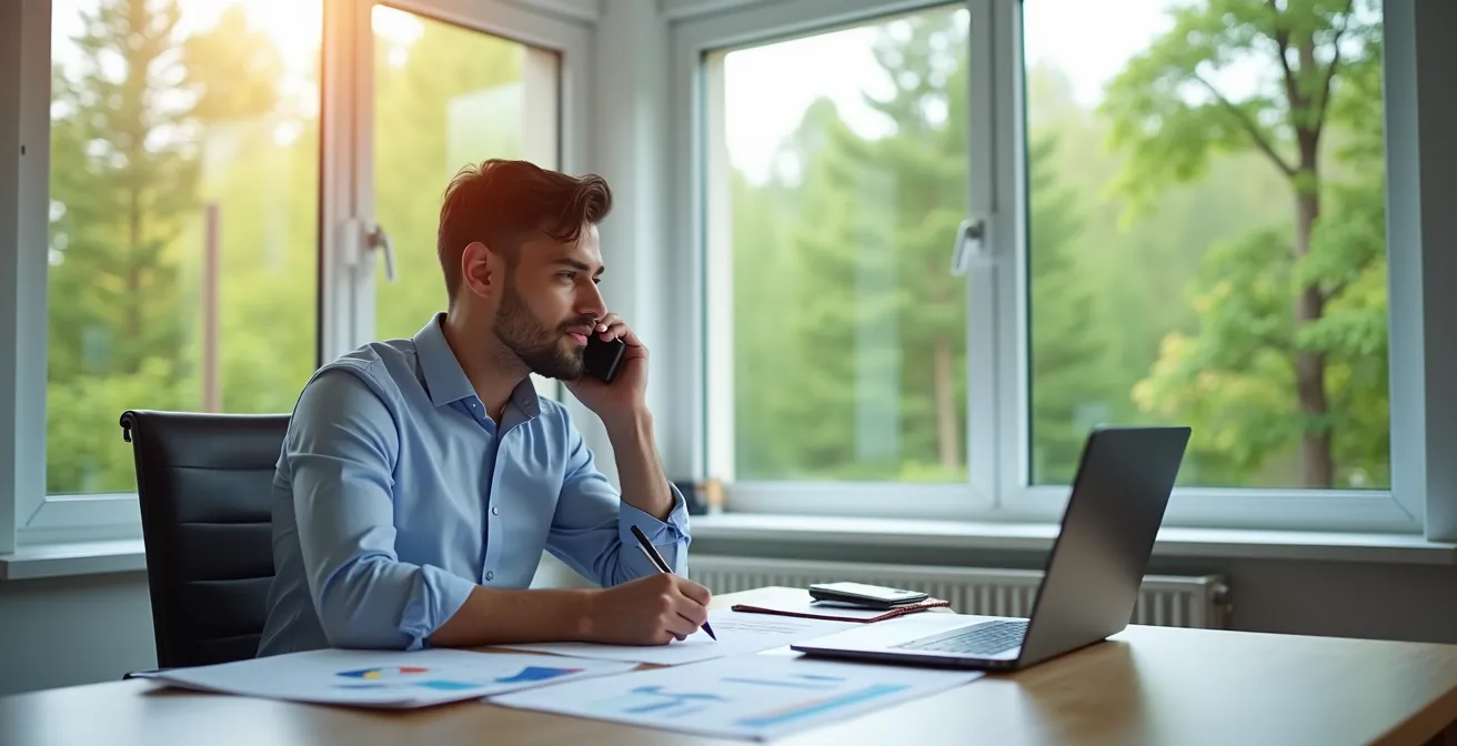 Personne professionnelle au téléphone prenant des notes pendant une négociation bancaire