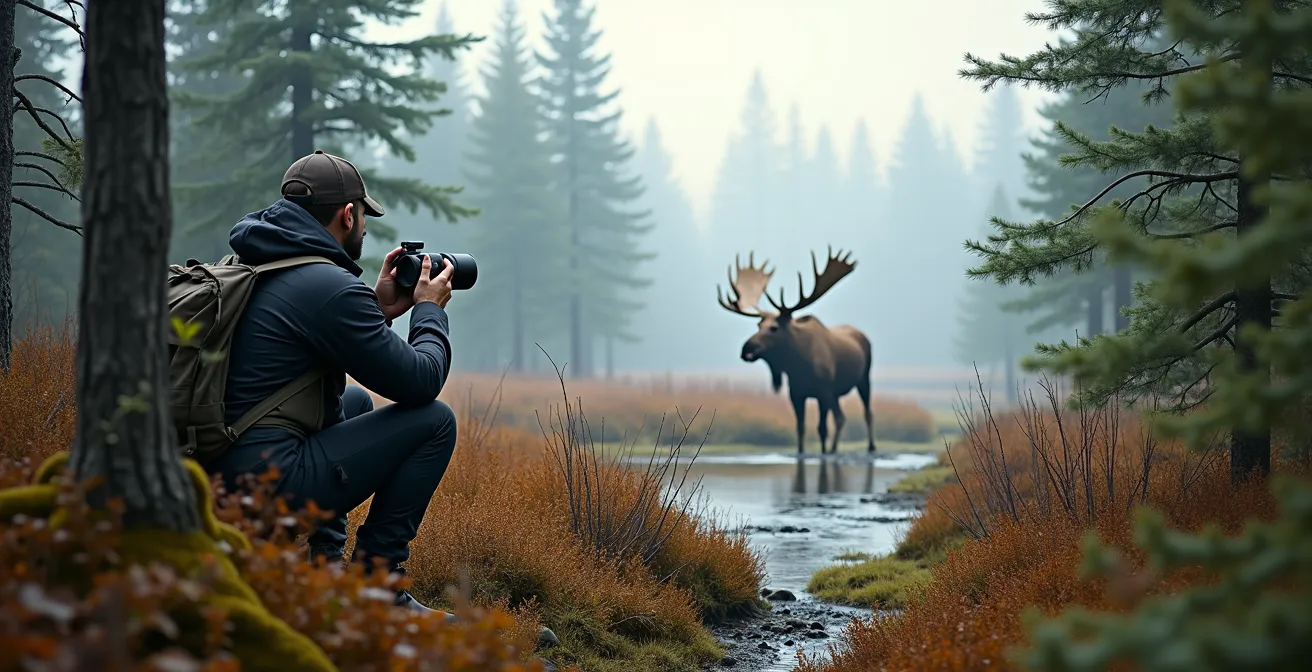 Observateur de la faune maintenant une distance respectueuse avec un orignal au Québec