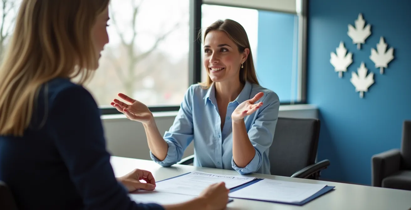 Conseiller en orientation professionnelle expliquant les options de financement à un candidat dans un bureau de Services Québec