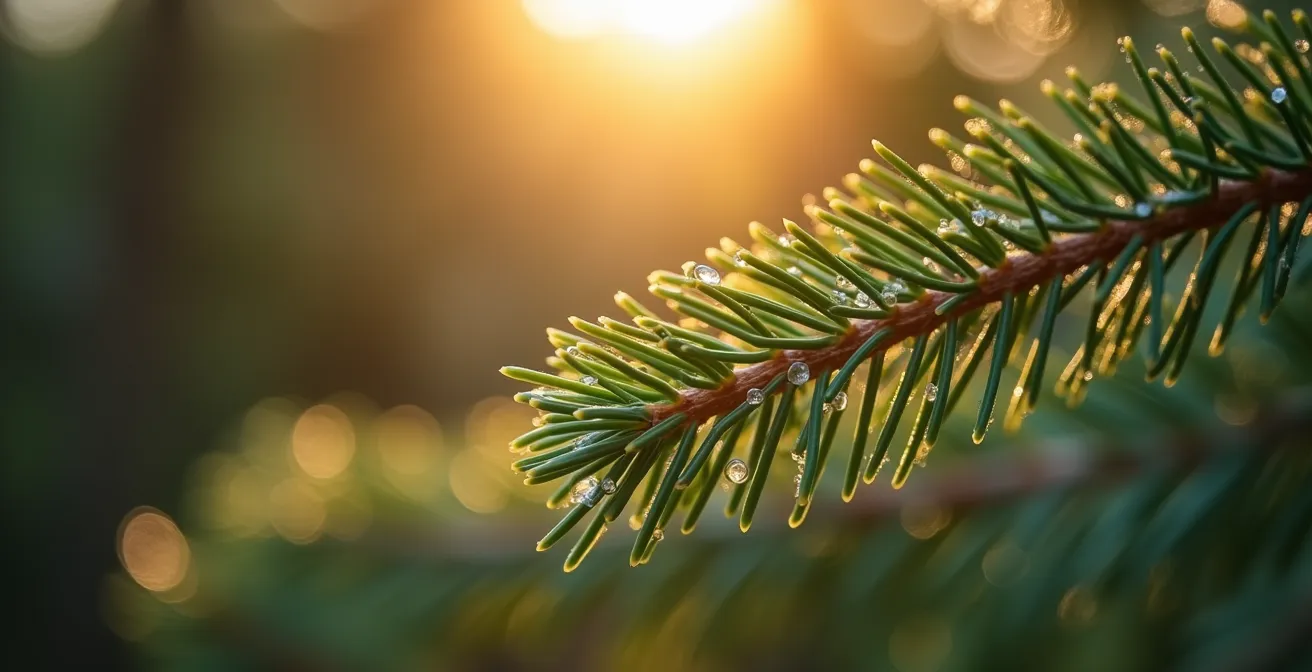 Macro détaillée des aiguilles de sapin baumier québécois libérant des phytoncides dans la lumière matinale