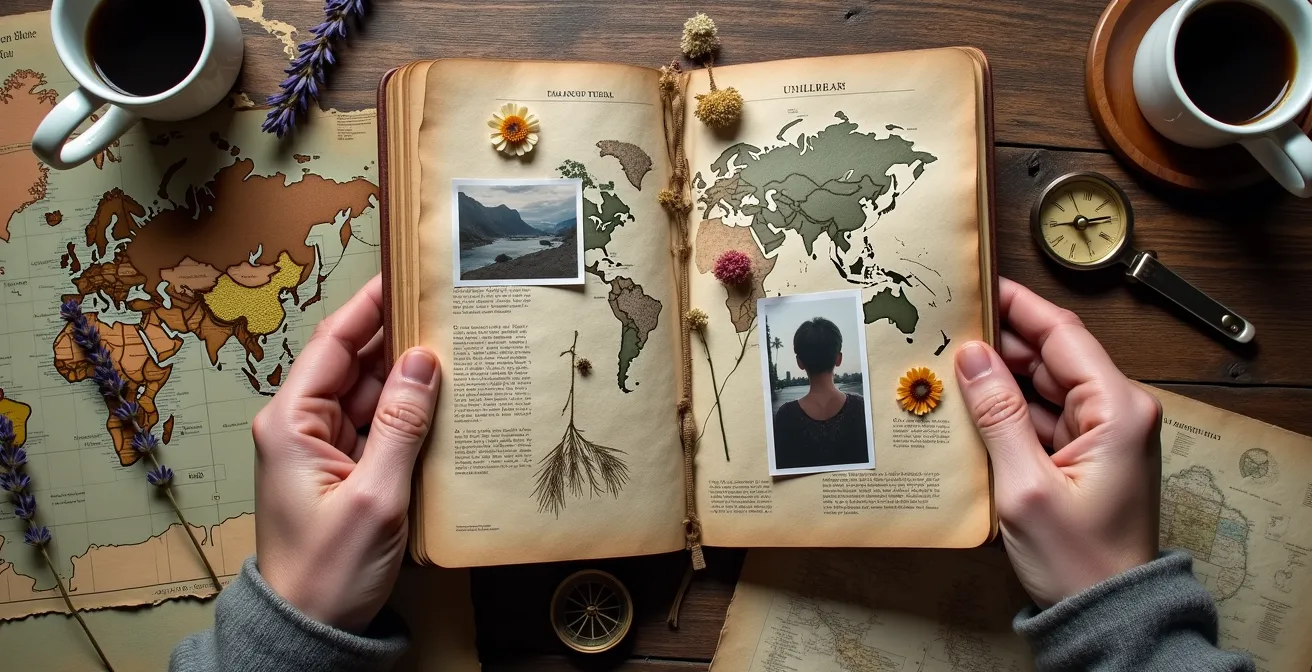 Mains tenant un carnet de voyage ouvert avec des photos collées et une tasse de café sur une table en bois