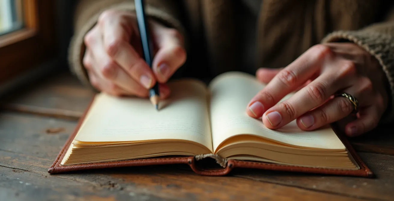 Gros plan de mains tenant un journal intime ouvert avec un crayon, lumière naturelle douce filtrant par une fenêtre
