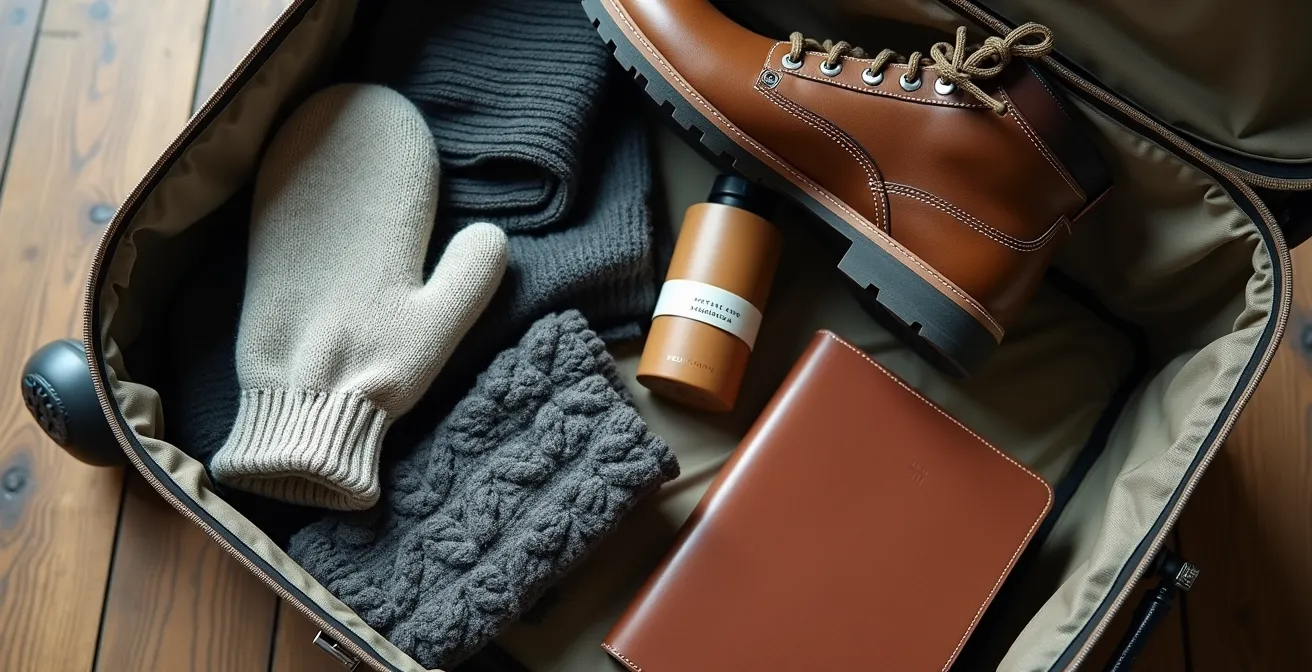 Vue en plongée d'une valise ouverte avec équipement d'hiver québécois soigneusement organisé