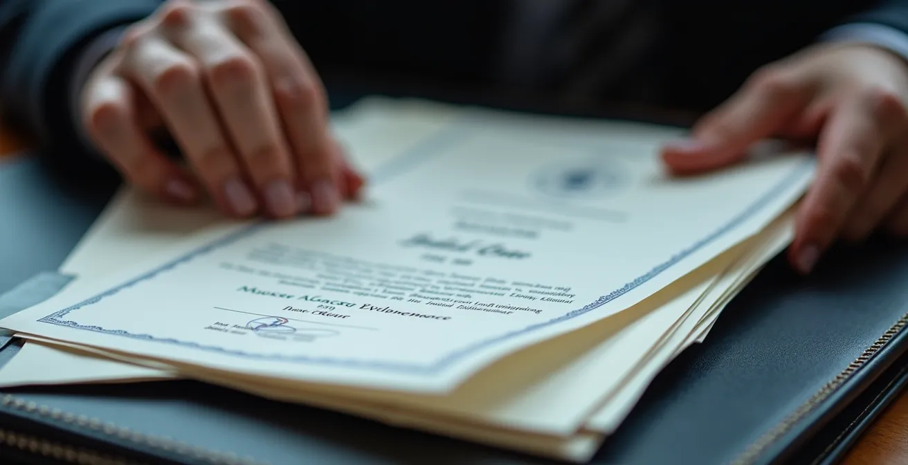 Gros plan macro sur des mains assemblant un portfolio professionnel avec textures de papiers et documents