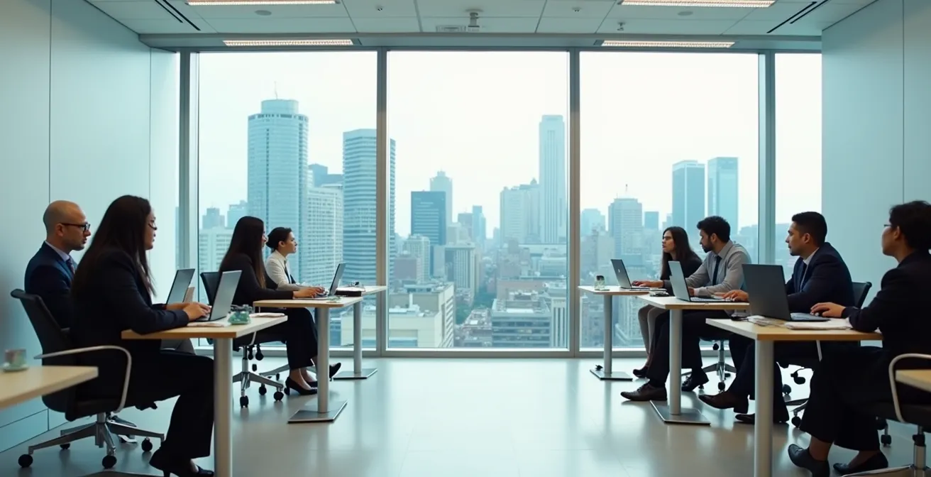 Professionnels immigrants consultant des documents administratifs dans un bureau moderne de Montréal