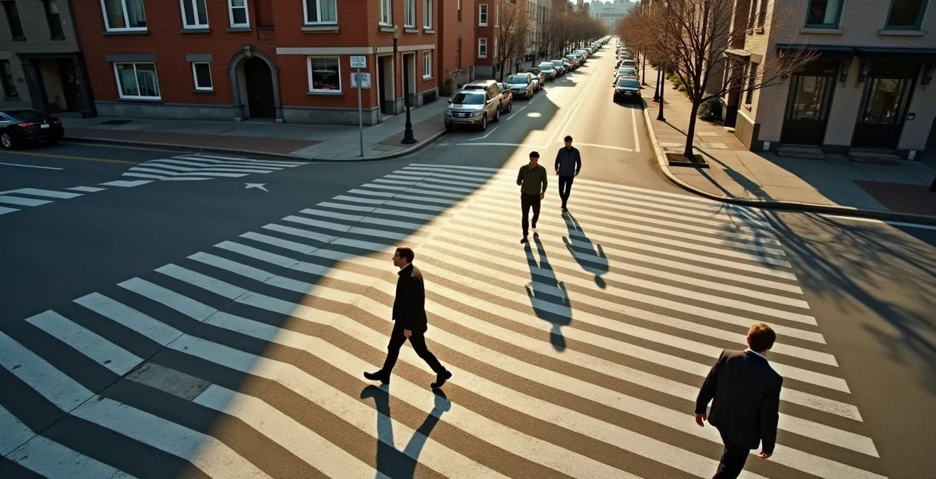 Vue en plongée d'une intersection animée de Montréal avec des piétons traversant, symbolisant la diversité des choix de vie et des quartiers.