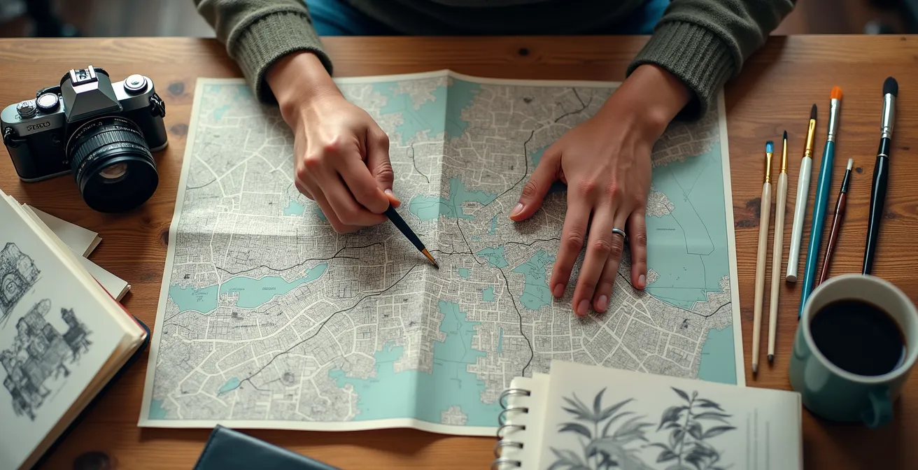 Personne explorant des quartiers créatifs sur une carte numérique entourée de matériel artistique