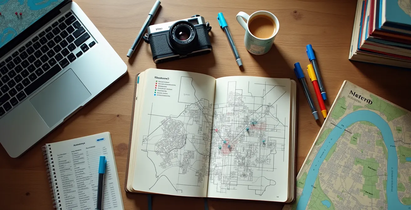 Vue plongeante d'une table de travail avec cartes, ordinateur portable montrant des épingles sur une carte et carnets de notes pour planifier un voyage créatif