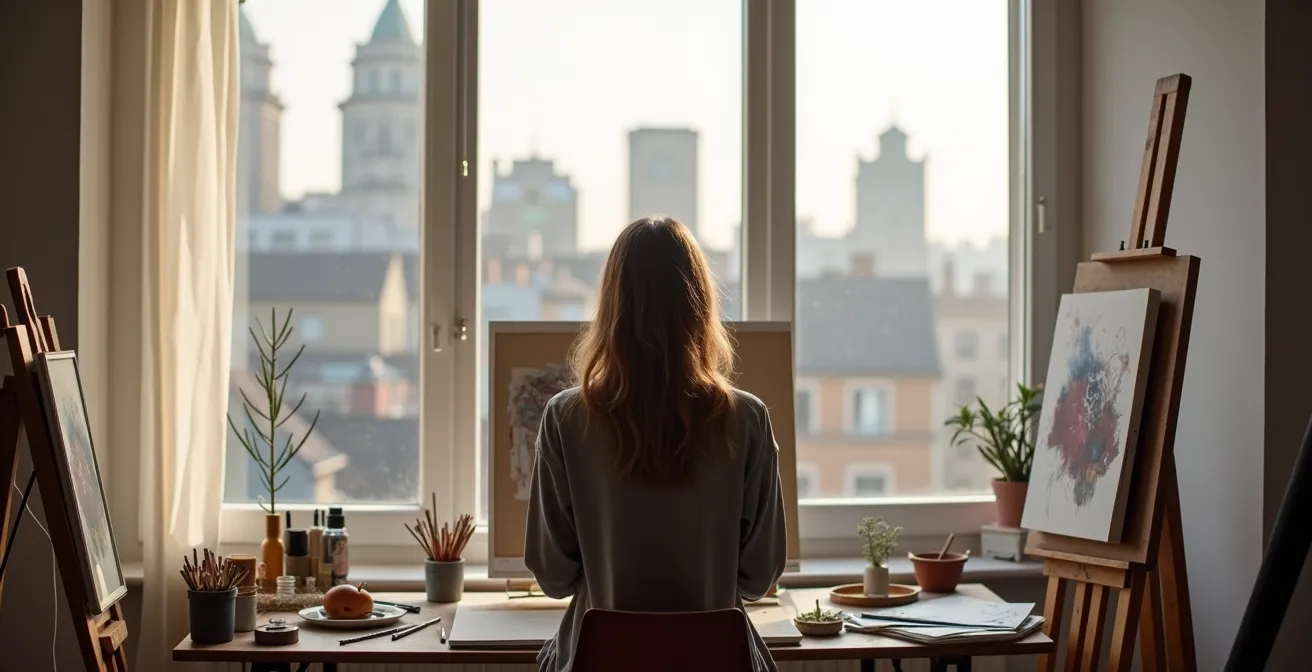 Atelier d'artiste lumineux avec matériel créatif et vue sur ville étrangère