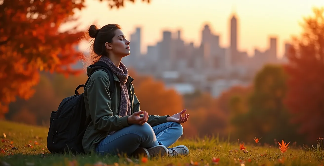 Personne méditant dans un parc urbain avec vue sur la skyline de Montréal en arrière-plan