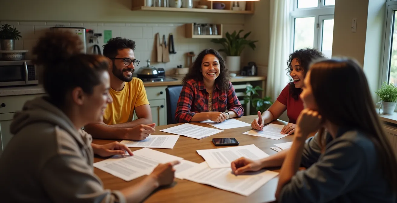 Groupe de locataires réunis autour d'une table avec documents et plans du quartier