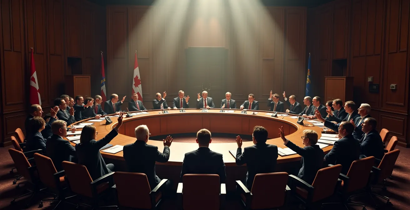 Réunion municipale avec élus locaux et citoyens engagés dans une salle du conseil