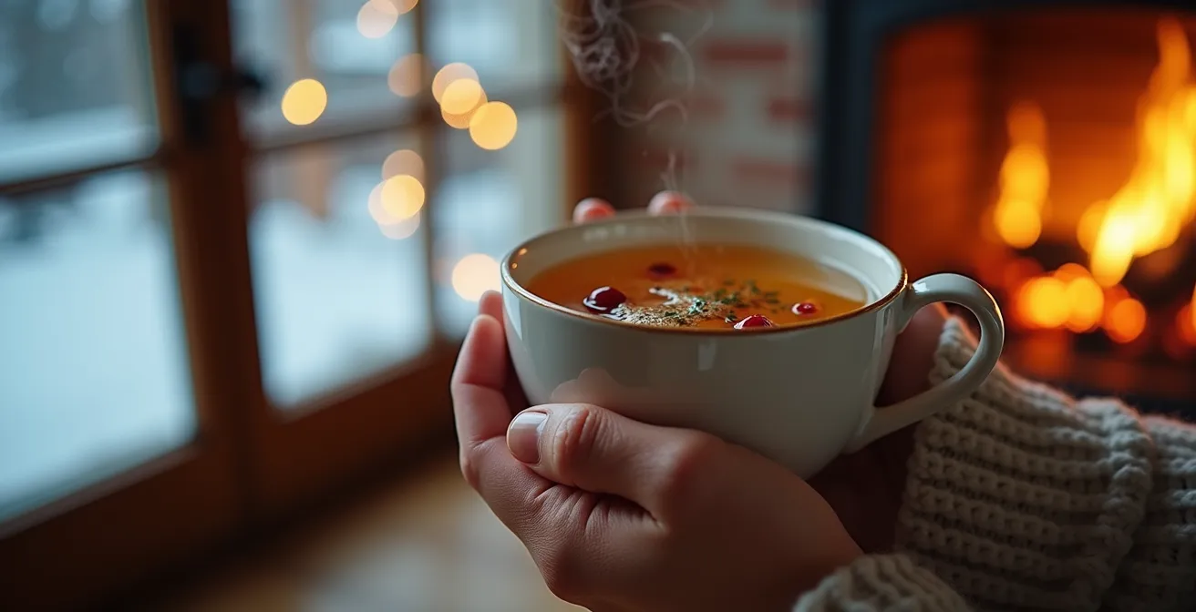 Ambiance chaleureuse d'un rituel de détente québécois sans alcool en soirée d'hiver