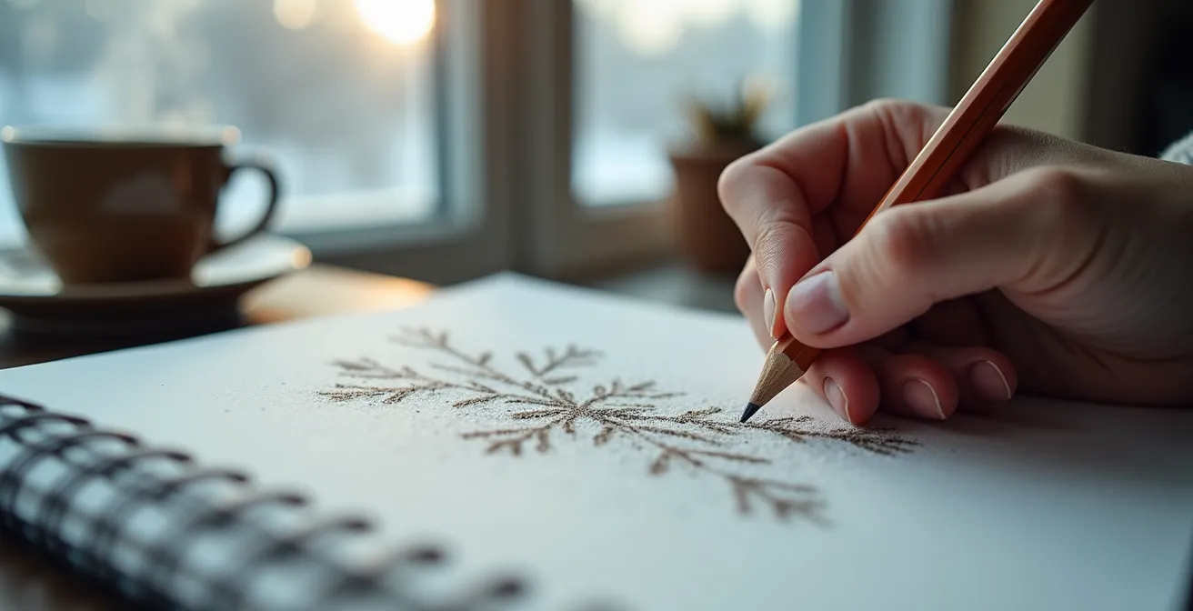 Gros plan sur des mains dessinant des motifs de givre dans un carnet, avec une tasse de café fumante