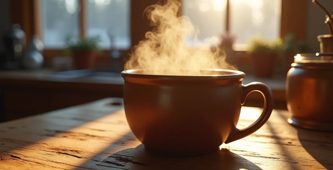 Cuisine québécoise lumineuse avec thé du Labrador et vue sur forêt enneigée au lever du soleil