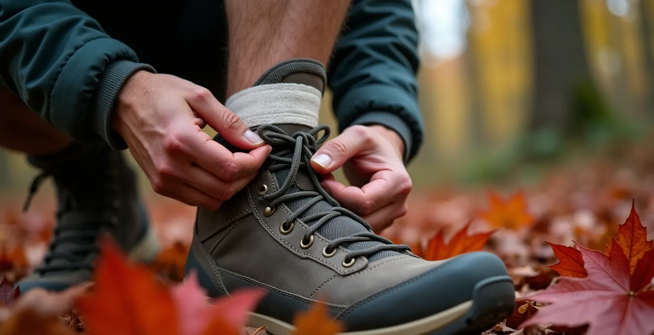 Secouriste stabilisant une cheville blessée en forêt québécoise avec matériel de premiers soins