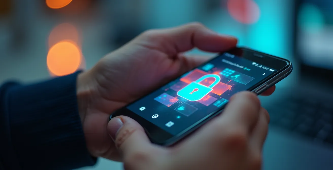 Gros plan sur des mains tenant un téléphone montrant une notification de sécurité abstraite