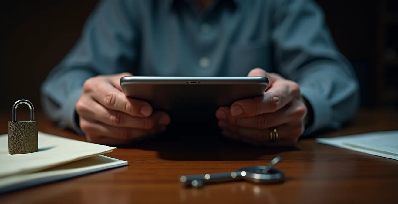 Mains vérifiant la sécurité sur une tablette avec des éléments de protection numériques symboliques comme un cadenas.