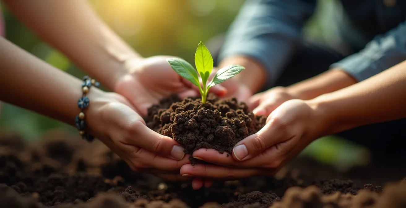 Mains multiples tenant des jeunes pousses vertes symbolisant l'investissement collectif