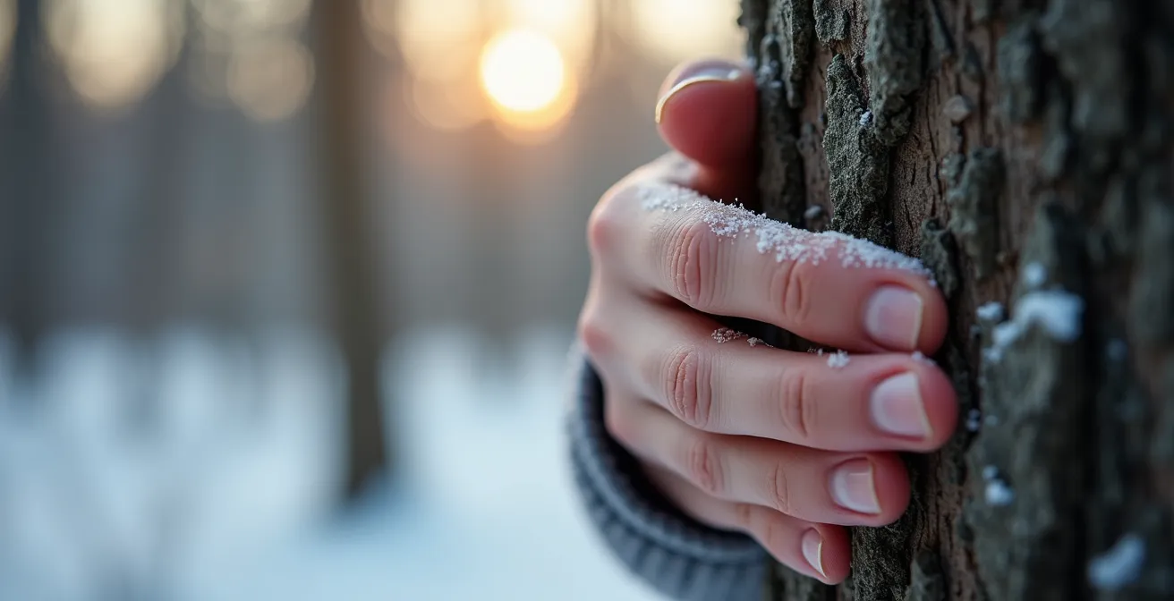 Gros plan sur des mains touchant l'écorce d'un érable avec de la neige en arrière-plan