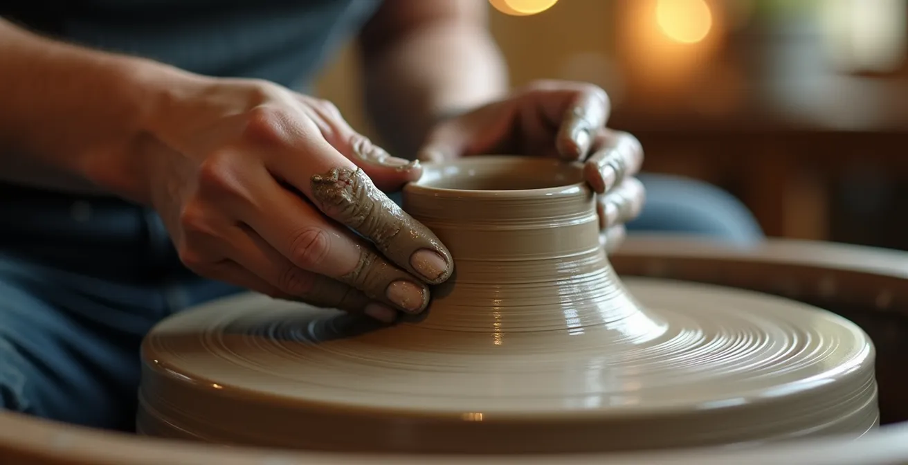 Gros plan sur les mains d'un artiste travaillant sur une céramique dans son atelier, avec une lumière naturelle douce filtrant par la fenêtre