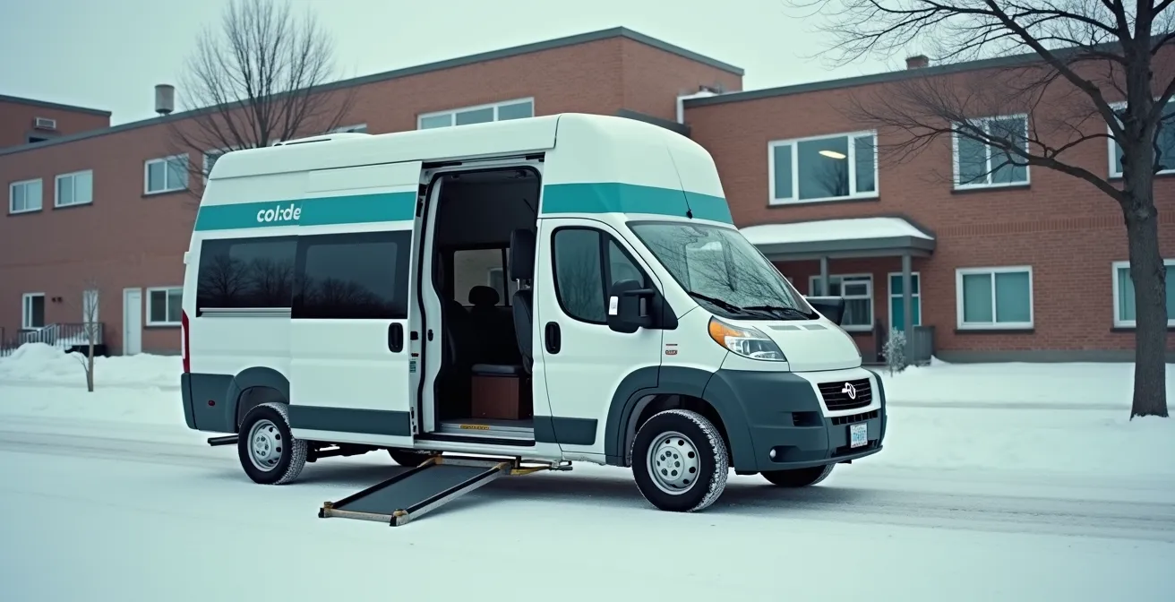 Minibus de transport adapté stationné devant un centre médical québécois