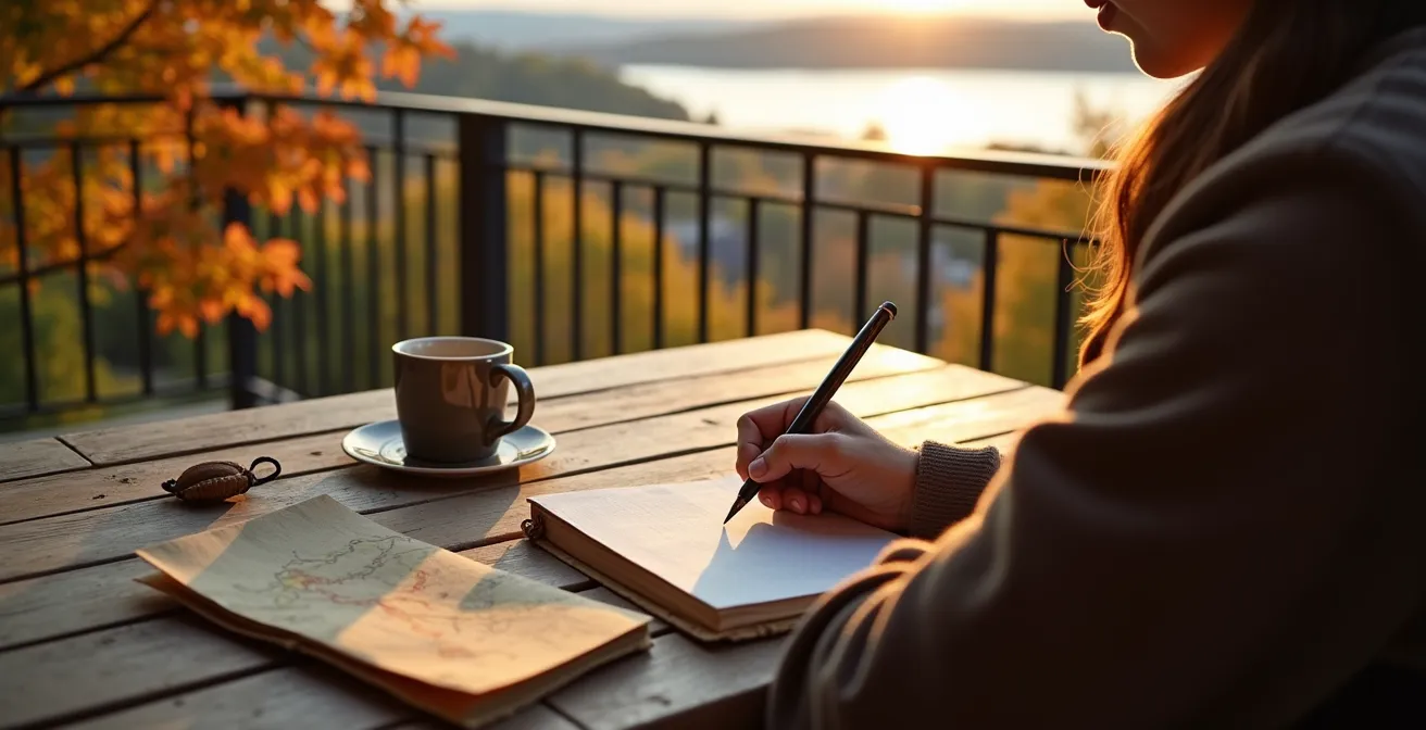 Personne écrivant dans un journal de voyage sur une terrasse québécoise avec vue sur le fleuve Saint-Laurent