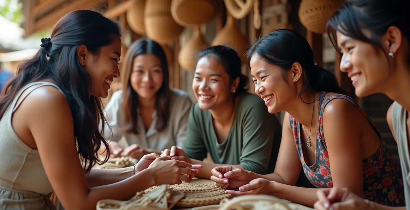 Petit groupe de voyageurs en interaction authentique avec des artisans locaux sur un marché traditionnel